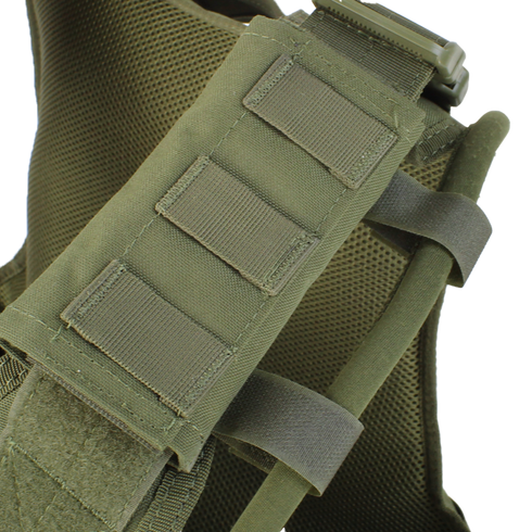 Close-up of the Condor Defender Plate Carriers olive green shoulder strap, featuring reinforced stitching and multiple attachment loops.