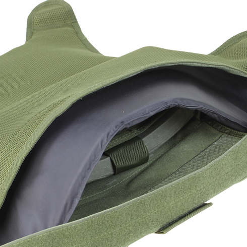 Close-up of an open Condor Defender Plate Carrier in olive green, displaying the interior compartment with a visible armor plate inside.