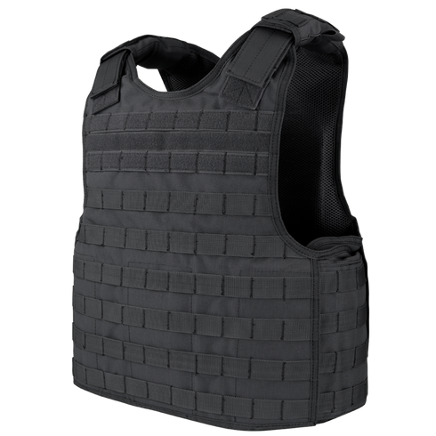 The Condor Defender Plate Carrier features multiple rows of webbing for attachments, adjustable shoulder straps, and a mesh lining for ventilation.