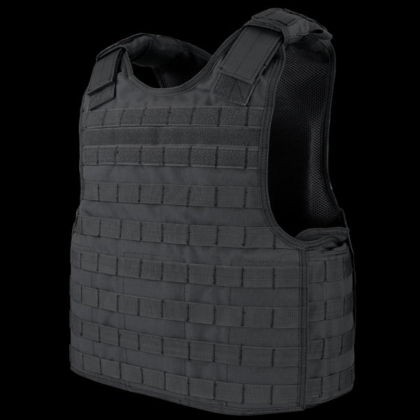 The Condor Defender Plate Carrier features multiple rows of webbing for attachments, adjustable shoulder straps, and a mesh lining for ventilation.