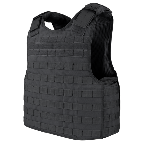 The Condor Defender Plate Carrier features multiple rows of webbing for attachments, adjustable shoulder straps, and a mesh lining for ventilation.