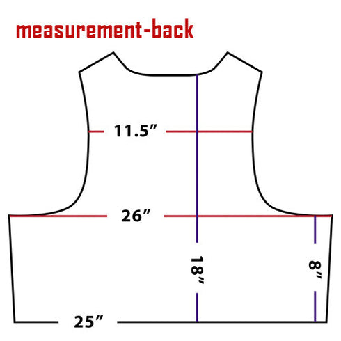 Diagram showing the back of the Condor Defender Plate Carrier with measurements: 11.5 across shoulders, 26 chest, 25 bottom width, 18 length, and 8 armhole depth.