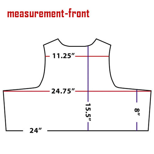Outline of the Condor Defender Plate Carrier front piece with labeled measurements: 11.25, 24.75, 15.5, 8, and 24. measurement-front is written in red at the top.