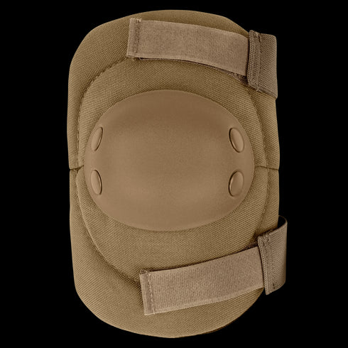 The Condor Elbow Pads feature a brown design, hard plastic shell, fabric backing, and two adjustable Velcro straps.