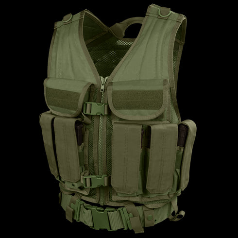 The Condor Elite Tactical Vest in Olive Drab features multiple pockets, a zippered front, adjustable straps, and a mesh back panel, offering optimal gear and equipment storage.