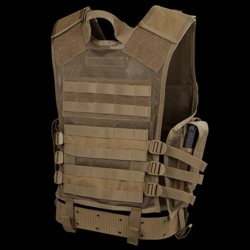 The Condor Elite Tactical Vest in tan features multiple MOLLE straps, adjustable side straps, and a breathable mesh back panel. Ideal for military or law enforcement, it securely holds a radio or device in a side pocket for convenient EDC.