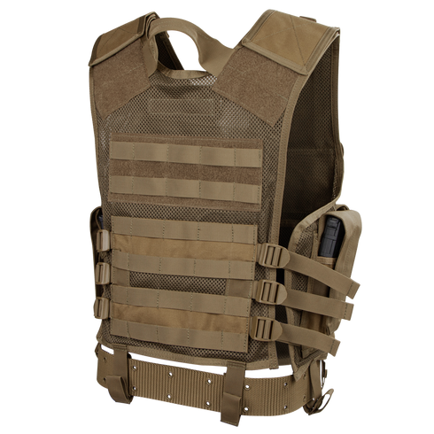 The Condor Elite Tactical Vest in tan features multiple MOLLE straps, adjustable side straps, and a breathable mesh back panel. Ideal for military or law enforcement, it securely holds a radio or device in a side pocket for convenient EDC.