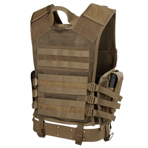 The Condor Elite Tactical Vest in tan features multiple MOLLE straps, adjustable side straps, and a breathable mesh back panel. Ideal for military or law enforcement, it securely holds a radio or device in a side pocket for convenient EDC.