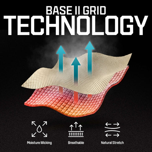Illustration of Condor Base II Crew Pullover’s Grid Technology with two fabric layers, arrows for breathability, moisture wicking, and natural stretch, plus icons and text labels showing these features.