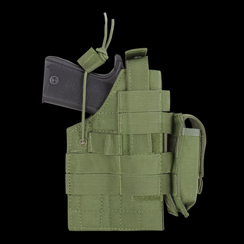 A Beretta secured in a Condor Ambidextrous Holster, featuring MOLLE webbing and retention straps, in green.