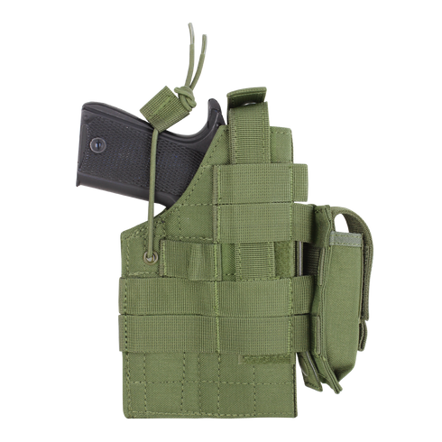The Condor Ambidextrous Holster - Glock is a green tactical fabric holster with MOLLE webbing and retention straps, designed to securely hold your handgun for military or EDC use.