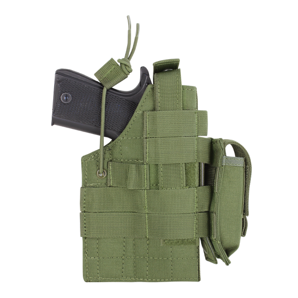 The Condor Ambidextrous Holster - Glock is a green tactical fabric holster with MOLLE webbing and retention straps, designed to securely hold your handgun for military or EDC use.
