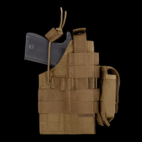 The Condor Ambidextrous Holster - 1911 in tan holds a black handgun, offering secure straps and MOLLE webbing for easy attachment.