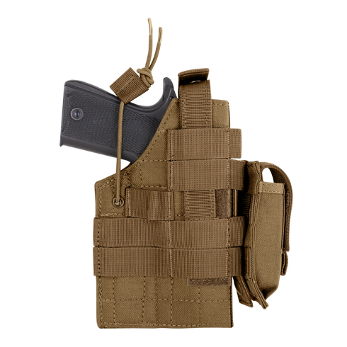 The Condor Ambidextrous Holster - 1911 in tan holds a black handgun, offering secure straps and MOLLE webbing for easy attachment.