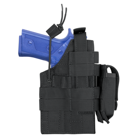 A Condor Ambidextrous Holster - 1911, black, holds a blue training pistol and features retention straps plus multiple utility pouches.