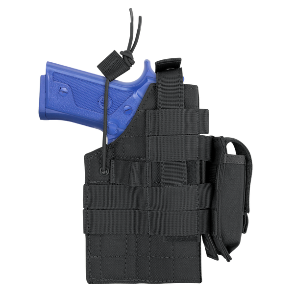 A Condor Ambidextrous Holster - 1911, black, holds a blue training pistol and features retention straps plus multiple utility pouches.