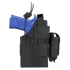 A Condor Ambidextrous Holster - 1911, black, holds a blue training pistol and features retention straps plus multiple utility pouches.