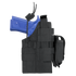 A blue training pistol secured in the Condor Ambidextrous Holster - Beretta, featuring black MOLLE webbing and an adjustable retention strap.