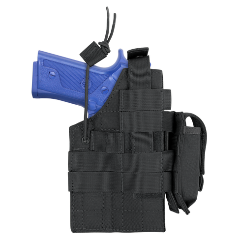 The Condor Ambidextrous Holster - Glock holds a blue training pistol securely with a strap and offers multiple straps and attachment points, making it ideal for the shooting range.