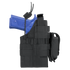The Condor Ambidextrous Holster - Glock holds a blue training pistol securely with a strap and offers multiple straps and attachment points, making it ideal for the shooting range.
