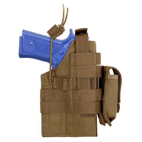 A Condor Ambidextrous Holster - Beretta in brown, featuring straps and MOLLE webbing, holds a blue training pistol and is shown from the side.