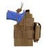 A Condor Ambidextrous Holster - Beretta in brown, featuring straps and MOLLE webbing, holds a blue training pistol and is shown from the side.