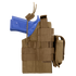 A Condor Ambidextrous Holster - Beretta in brown, featuring straps and MOLLE webbing, holds a blue training pistol and is shown from the side.