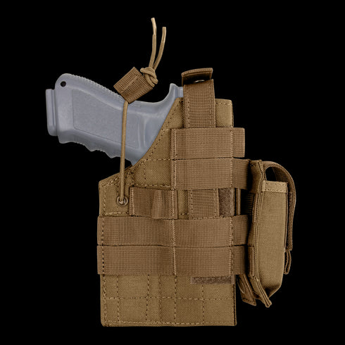 The Condor Ambidextrous Holster - Glock, shown in tan with a grey training gun, features multiple straps and a compact side pouch—perfect for law enforcement or EDC—isolated on a white background.