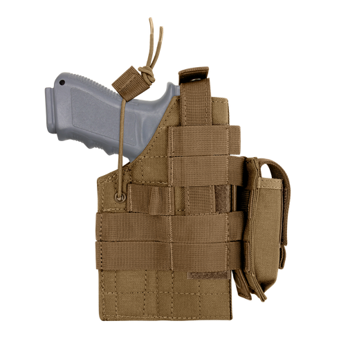 The Condor Ambidextrous Holster - Glock, shown in tan with a grey training gun, features multiple straps and a compact side pouch—perfect for law enforcement or EDC—isolated on a white background.