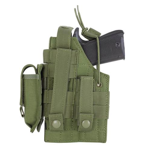 The Condor Ambidextrous Holster - Glock is a black handgun holster featuring green modular webbing and snap-button straps, ideal for EDC or military use.