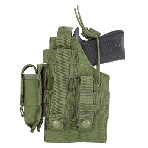 Condor Ambidextrous Holster - Glock in green, shown with a black handgun partially inserted; features multiple straps, pouches, and snap buttons, all displayed against a plain white background.