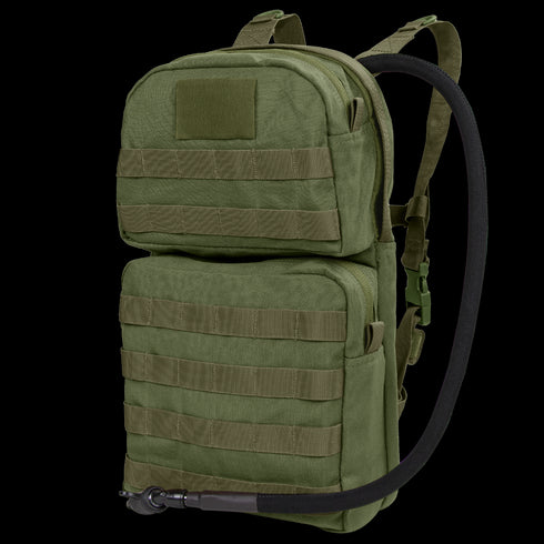 The Condor Hydration Carrier 2 in Olive Drab features two zippered compartments, MOLLE webbing, adjustable shoulder straps, and a black drinking hose.