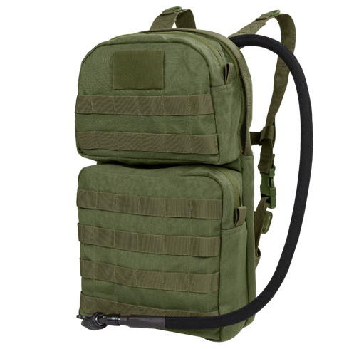 The Condor Hydration Carrier 2 in Olive Drab features two zippered compartments, MOLLE webbing, adjustable shoulder straps, and a black drinking hose.