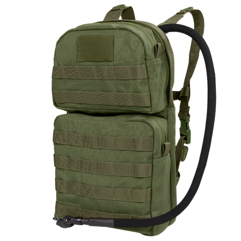 The Condor Hydration Carrier 2 in Olive Drab features two zippered compartments, MOLLE webbing, adjustable shoulder straps, and a black drinking hose.