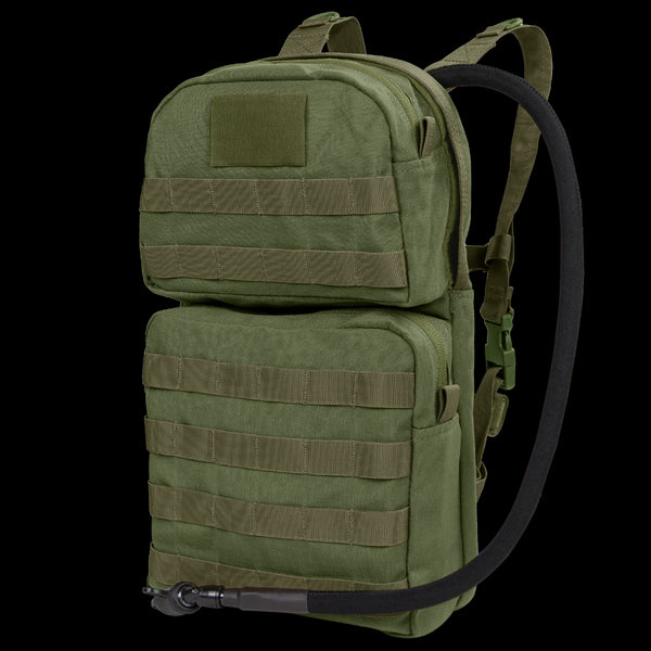 The Condor Hydration Carrier 2 in Olive Drab features two zippered compartments, MOLLE webbing, adjustable shoulder straps, and a black drinking hose.