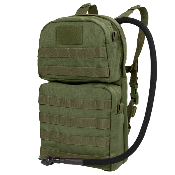 The Condor Hydration Carrier 2 in Olive Drab features two zippered compartments, MOLLE webbing, adjustable shoulder straps, and a black drinking hose.