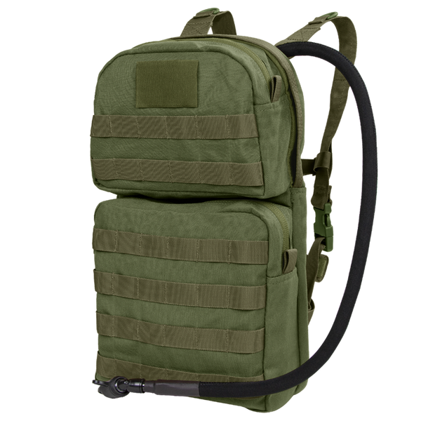 The Condor Hydration Carrier 2 in Olive Drab features two zippered compartments, MOLLE webbing, adjustable shoulder straps, and a black drinking hose.
