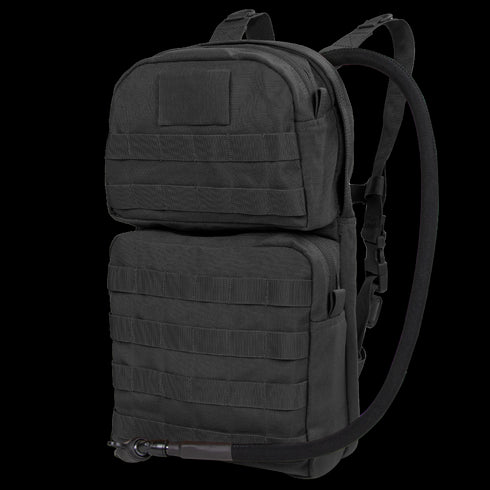 The Condor Hydration Carrier 2 is a black tactical backpack with multiple zippered compartments, front MOLLE webbing, and a right-side drinking tube.