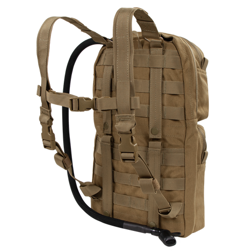 The Condor Hydration Carrier 2 is a tan tactical backpack with multiple straps, MOLLE webbing, and a side-attached hydration tube.