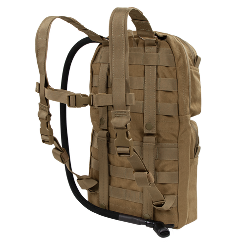 The Condor Hydration Carrier 2 is a tan tactical backpack with multiple straps, MOLLE webbing, and a side-attached hydration tube.