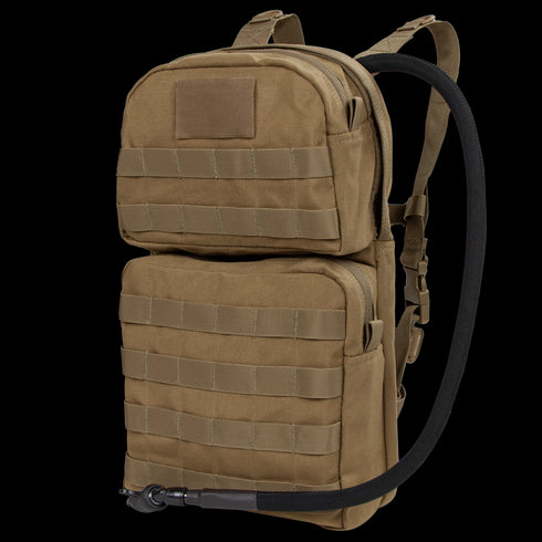 The Condor Hydration Carrier 2 is a tan tactical backpack featuring two zippered compartments, MOLLE webbing, and a drinking hose.