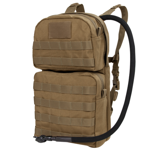The Condor Hydration Carrier 2 is a tan tactical backpack featuring two zippered compartments, MOLLE webbing, and a drinking hose.