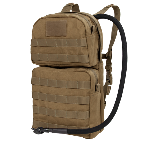 The Condor Hydration Carrier 2 is a tan tactical backpack featuring two zippered compartments, MOLLE webbing, and a drinking hose.