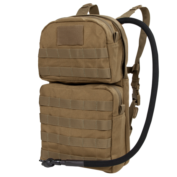 The Condor Hydration Carrier 2 is a tan tactical backpack featuring two zippered compartments, MOLLE webbing, and a drinking hose.