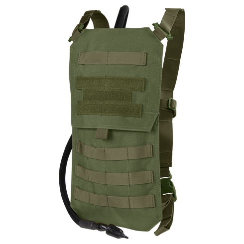 The Condor Oasis Hydration Carrier in Olive Drab features adjustable straps, MOLLE webbing, and a drinking tube attachment.