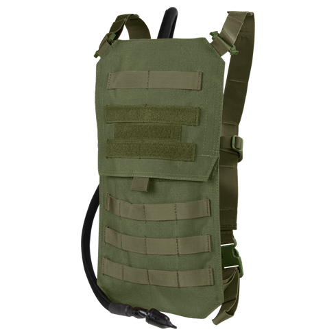 The Condor Oasis Hydration Carrier in Olive Drab features adjustable straps, MOLLE webbing, and a drinking tube attachment.