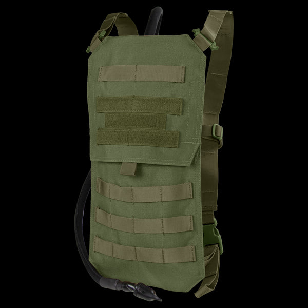 The Condor Oasis Hydration Carrier in Olive Drab features adjustable straps, MOLLE webbing, and a drinking tube attachment.