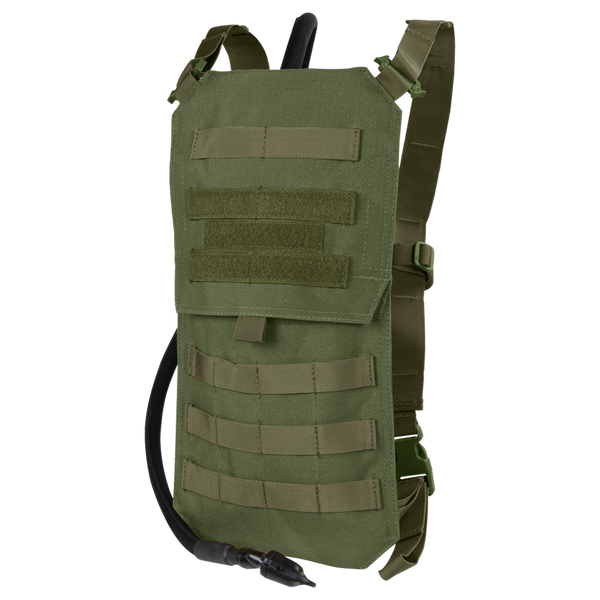 The Condor Oasis Hydration Carrier in Olive Drab features adjustable straps, MOLLE webbing, and a drinking tube attachment.