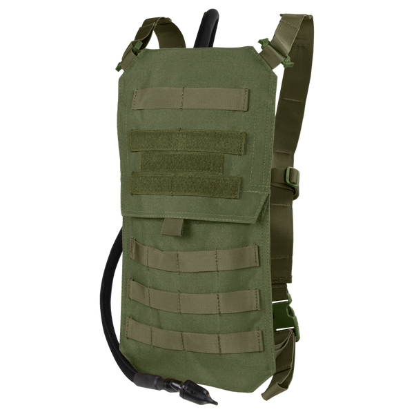 The Condor Oasis Hydration Carrier in Olive Drab features adjustable straps, MOLLE webbing, and a drinking tube attachment.