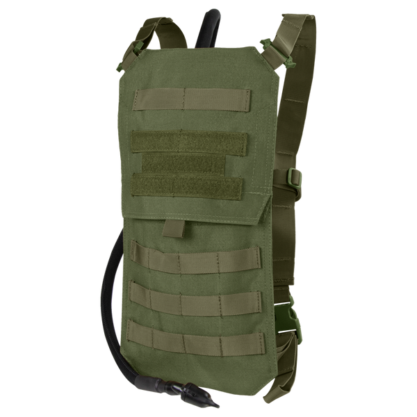The Condor Oasis Hydration Carrier in Olive Drab features adjustable straps, MOLLE webbing, and a drinking tube attachment.